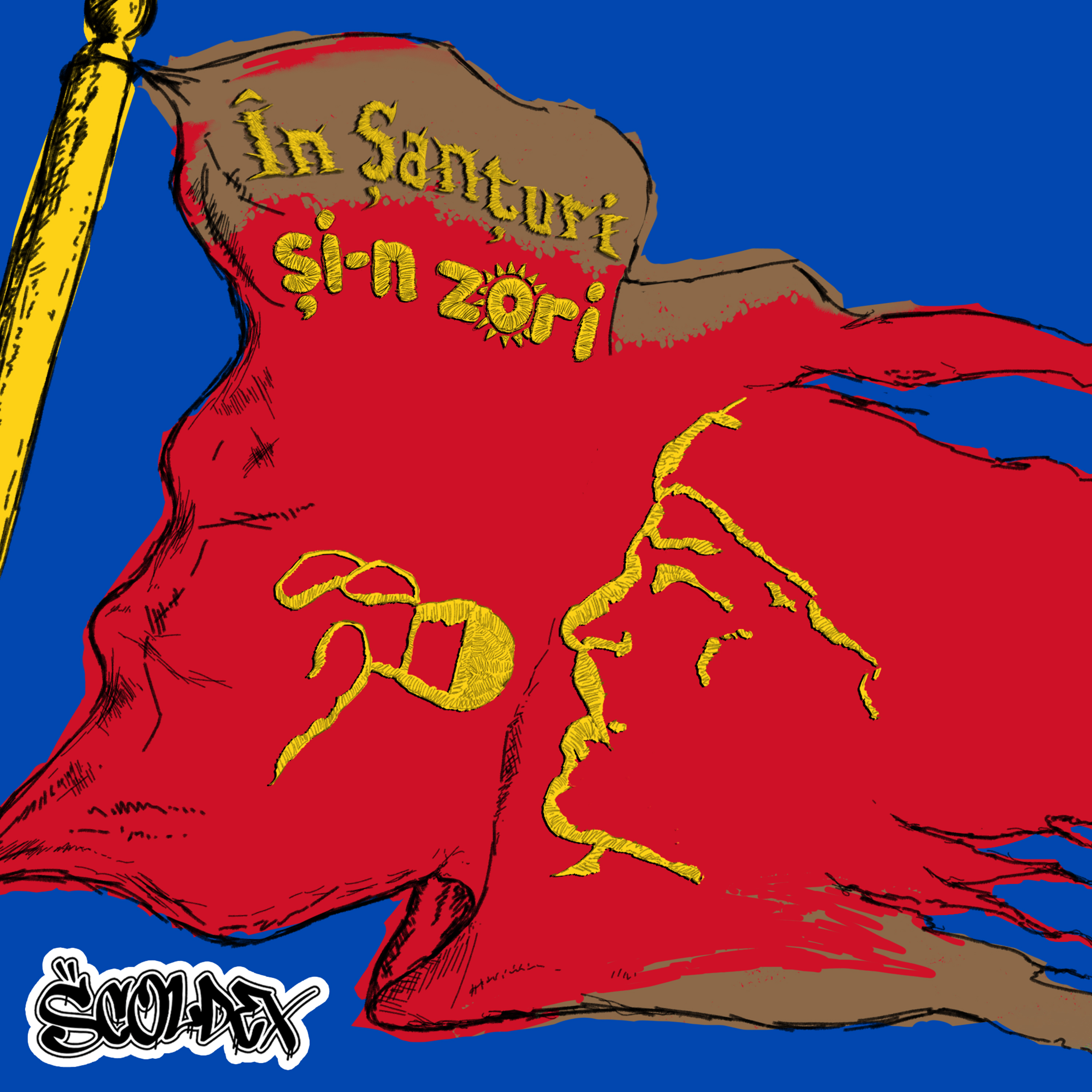 album cover of Scoldex with stitched effect, in colours of Moldovan flag